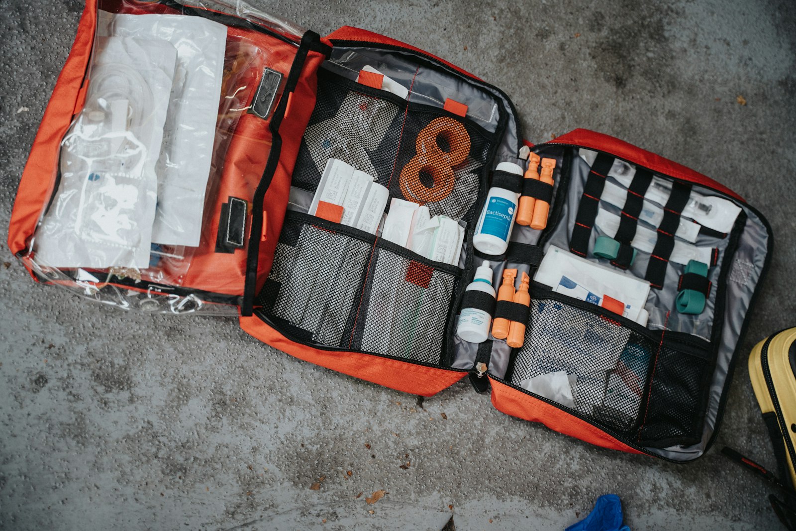 Open first aid bag with medical supplies