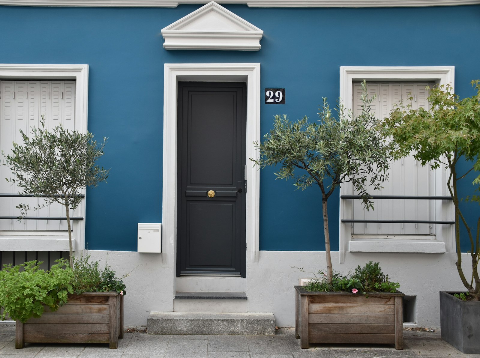 Front door of a blue-painted house with potted trees