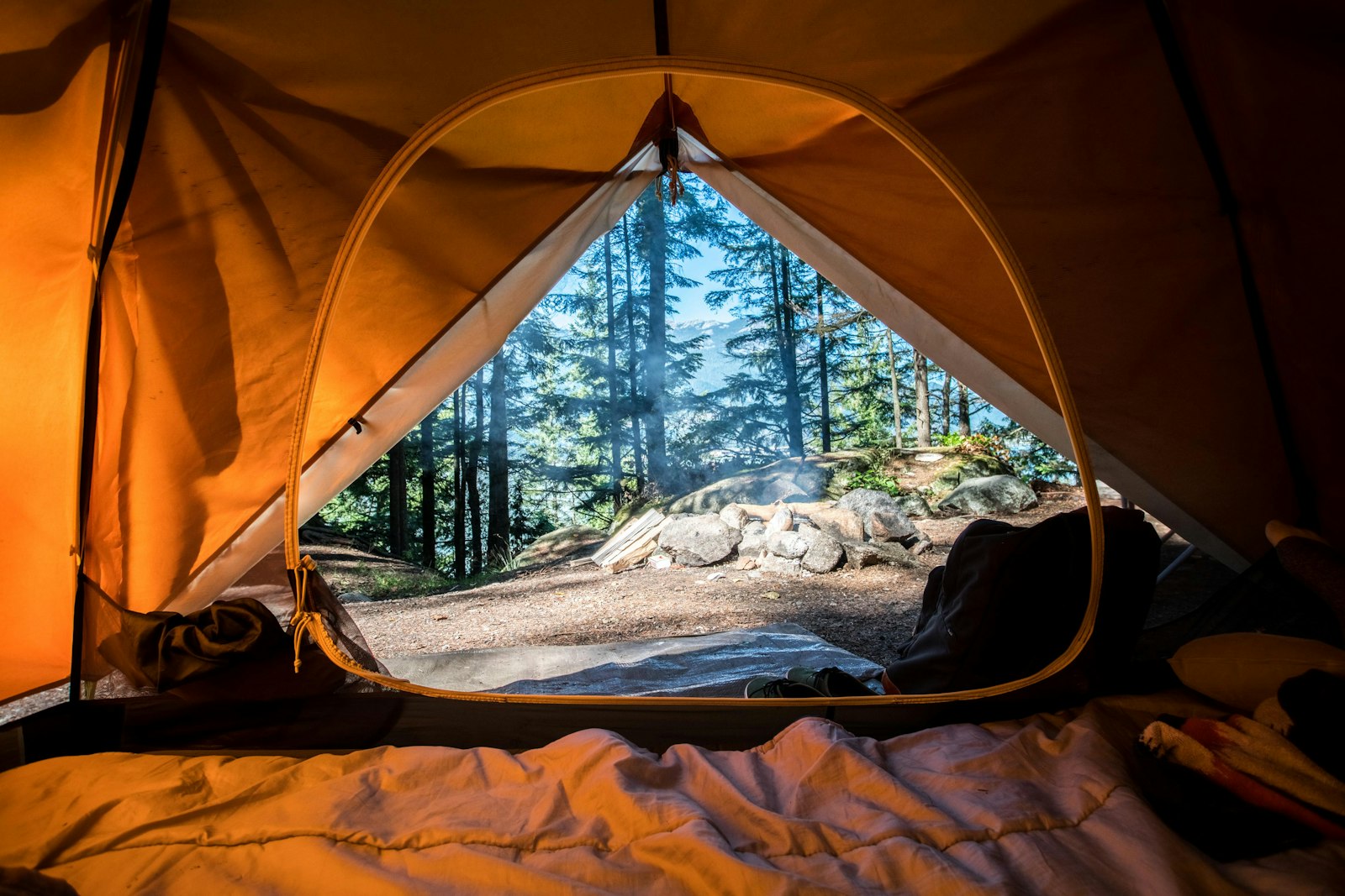 Orange camping tent pitched among green trees