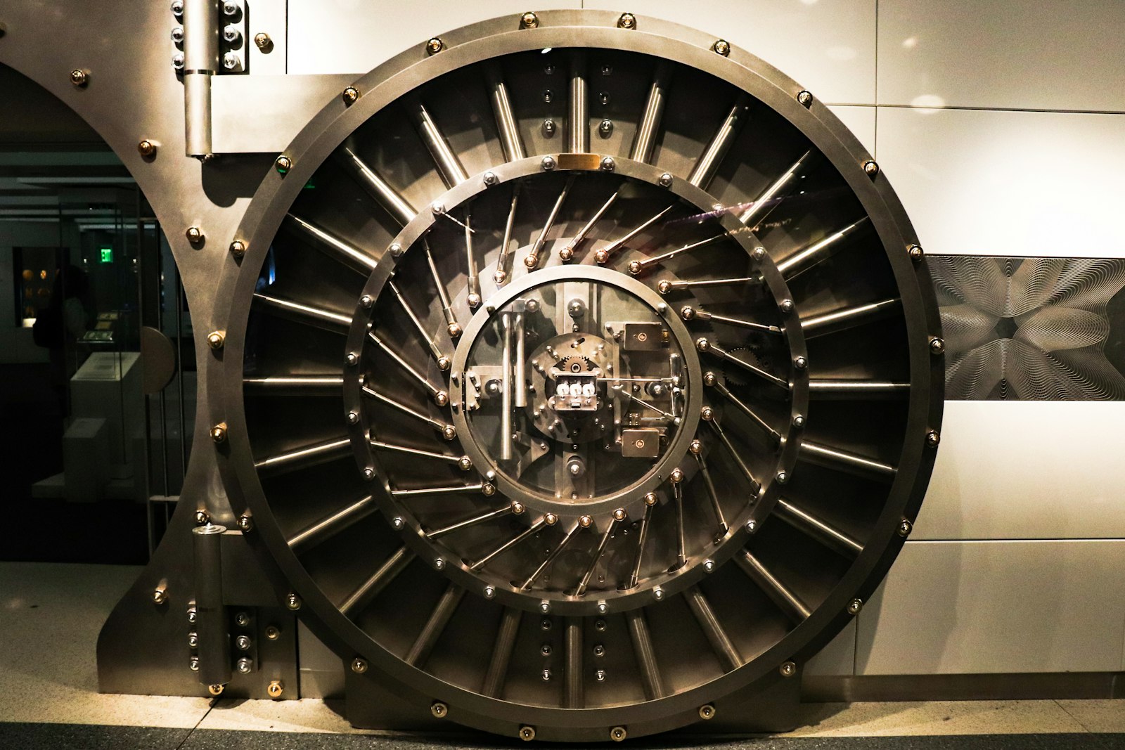 Round steel vault door with bolts and locking mechanism