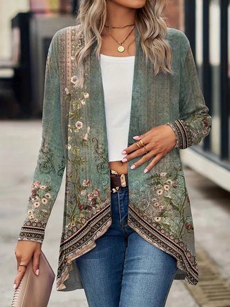 Women Vintage Ethnic Tribal Print Casual Loose Floral Jacket