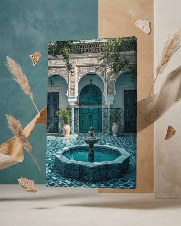 Moroccan Riad Courtyard & Fountain Canvas Wall Art – Teal Door Architecture Print