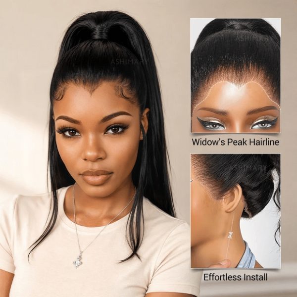 Pre-Styled Widows Peak Ponytail Wig Invisi Strap 360 Lace Wig Glueless Human Hair Yaki Straight Wigs