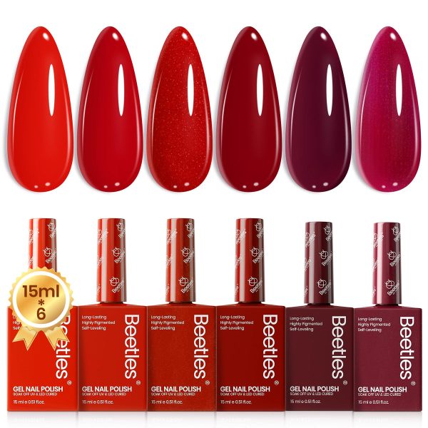 Beetles Gel Polish Bloody Red -15ML 6 Colors Shimmer Burgundy Gel Polish Kit Autumn Winter Nails