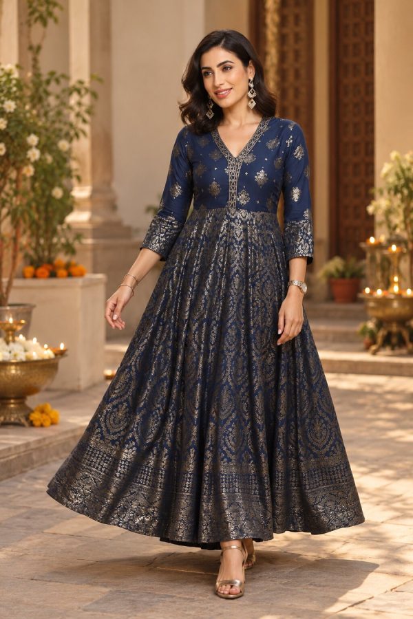 Navy LIVA Straight Printed Dress