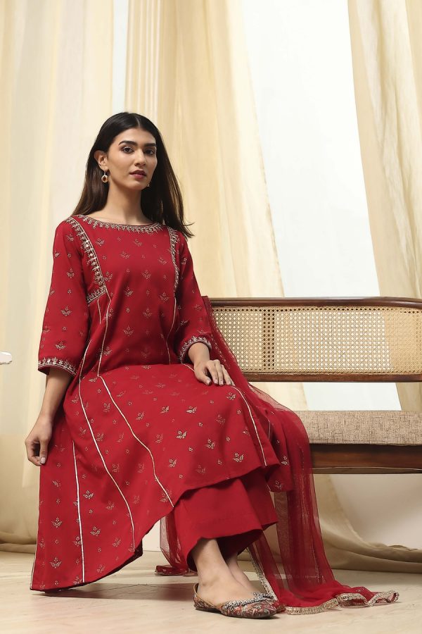 Red Cotton Foil Printed Kalidar Suit Set