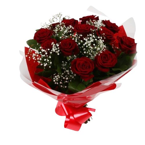 12 Red Roses With Gypsophila