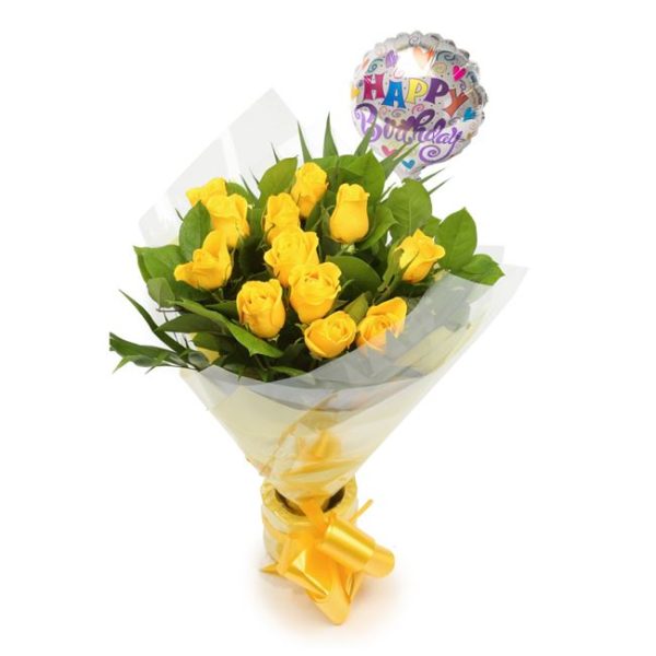 Birthday Balloon & 12 Yellow Roses Flowers