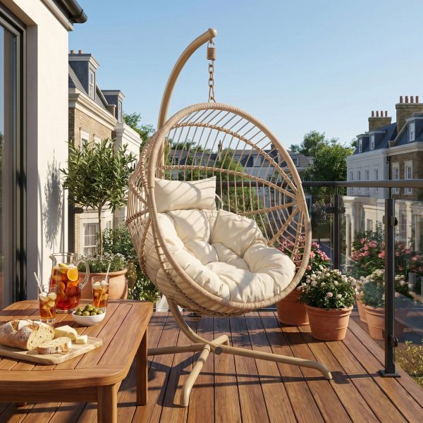 Foldable Garden Beige Hanging Egg Chair with Stand