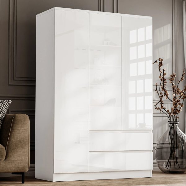 White High Gloss 3 Door Wardrobe With Drawers And Shelves
