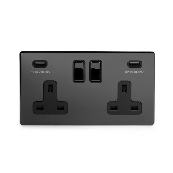 Soho Lighting Black Nickel 2 Gang 13A SP Socket with 2 x USB-A 3.1A