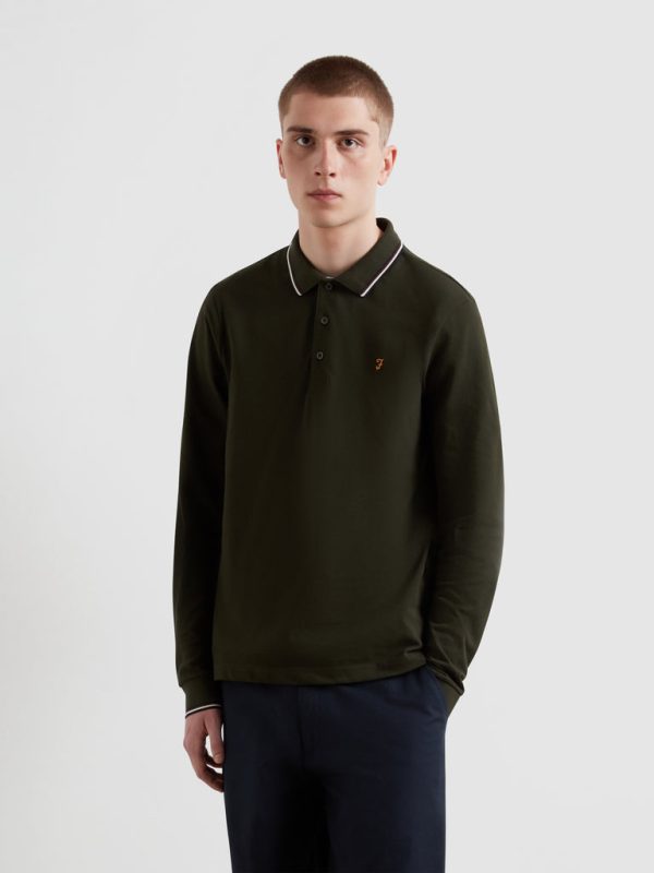 Elton Tipped Long Sleeve Polo Shirt In Evergreen