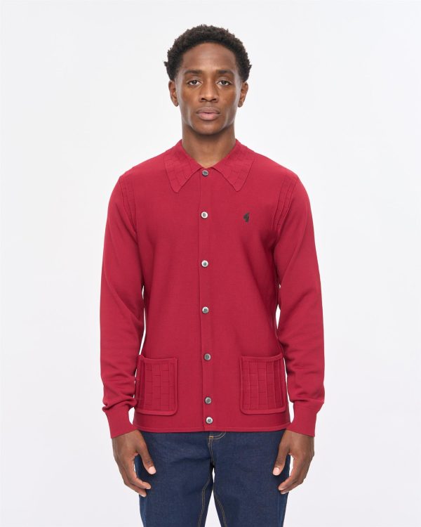 Mens Eddie Long Sleeve Button Thru Knit Polo, Claret