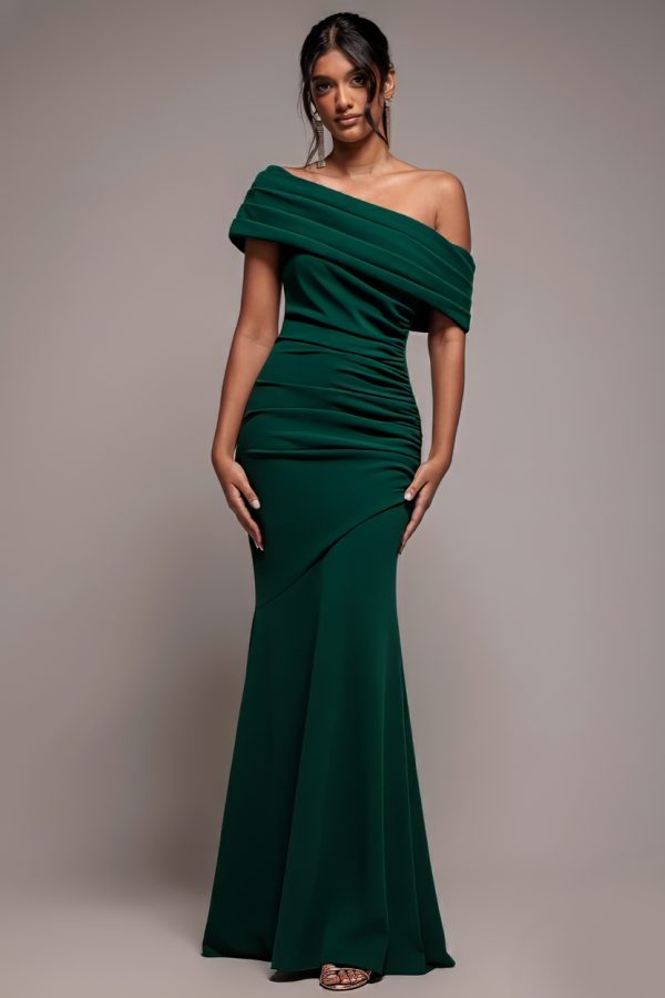 Pleated One Shoulder Bardot Fit And Flare Maxi Dress - Emerald Green