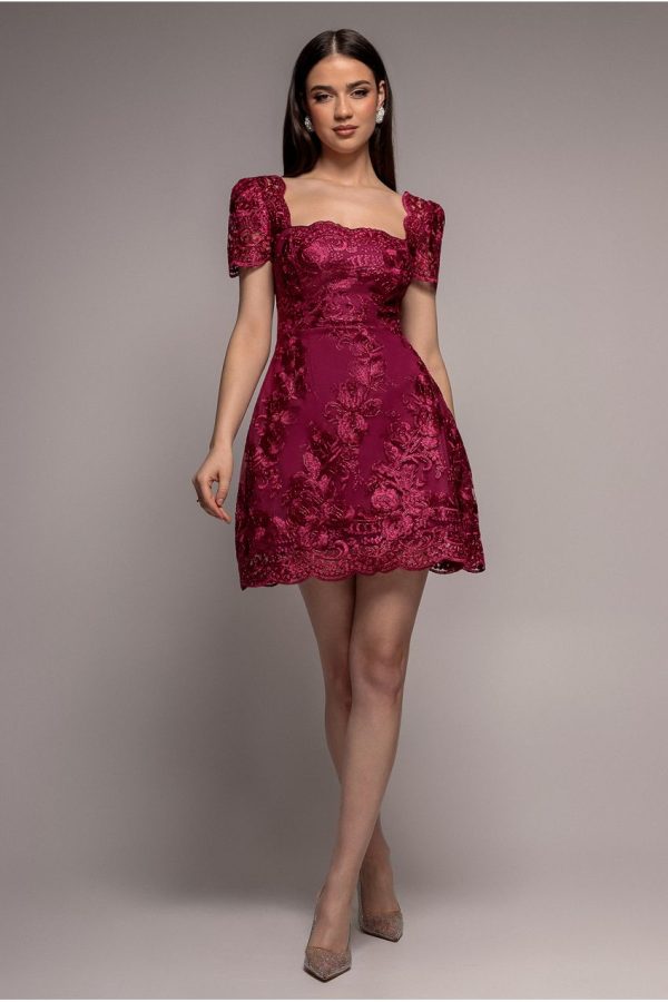 Scallop Edge Corset Back Structured Lace Mini Dress - Burgundy