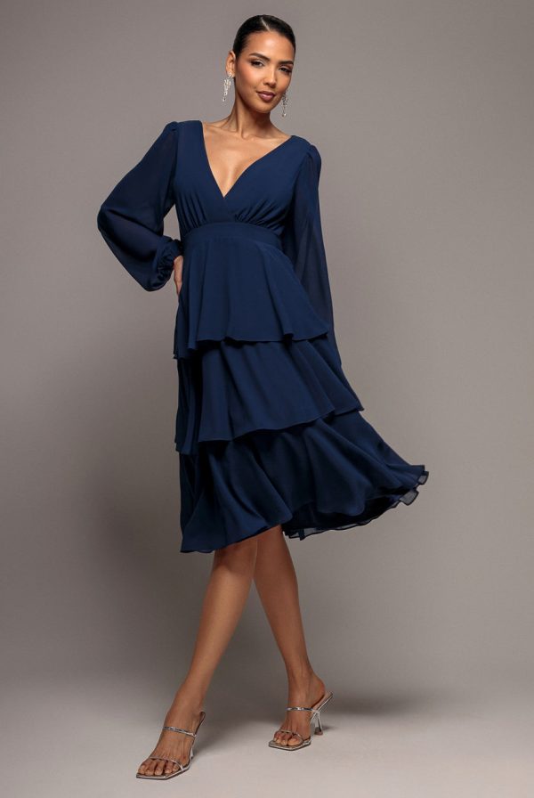 Tiered Chiffon Wrap Midi Dress - Navy Blue