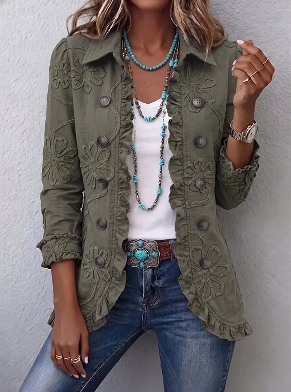 Women Floral Long Sleeve Shawl Collar Vintage Spring/Fall Jacket Outerwear