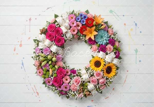 Kate Newborn Flower Wreath Paint Splatter White Wood Floor Printed Backdrop Designed by Mini MakeBelieve
