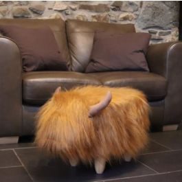 Dillis Highland Cow Synthetic Fur Footstool Orange
