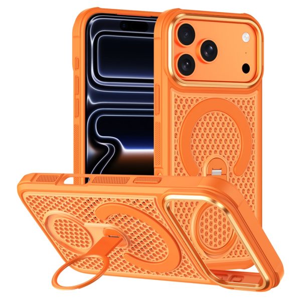 iPhone 18 Pro Magnetic Case with 360° Rotating Ring Kickstand Heat Dissipation Honeycomb Bump Resistant Flexible Cover Compatible with Magsafe - Orange