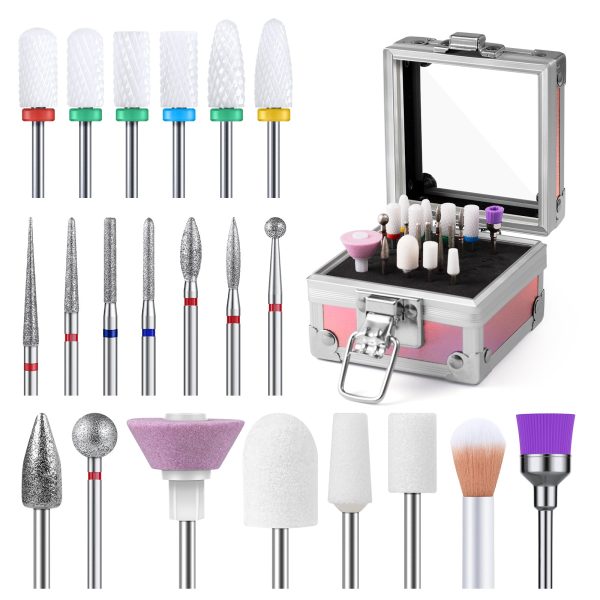 21Pcs Ceramic Diamond Carbide Nail Drill Bits with Portable Holder Case