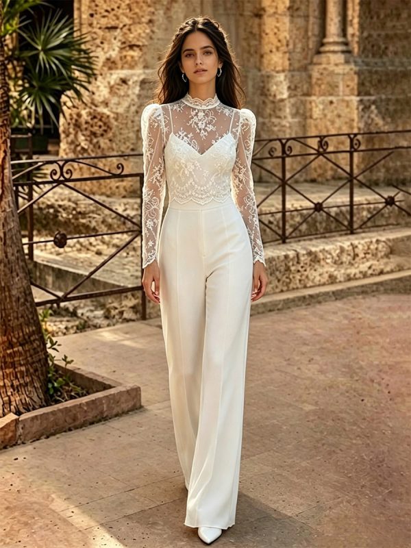 2 Piece Bridal Jumpsuit Lace Lace Floor-Length Jumpsuit Jewel Neck Long Sleeves Natural Waist Ivory