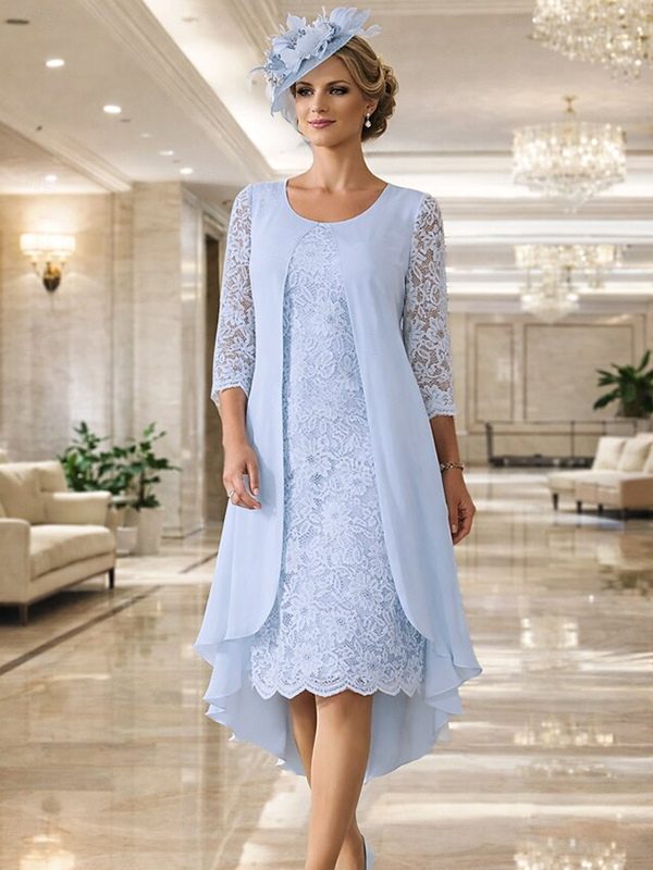 Mother Dress Jewel Neck 3/4 Length Sleeves A-Line Lace Guest Dresses For Wedding