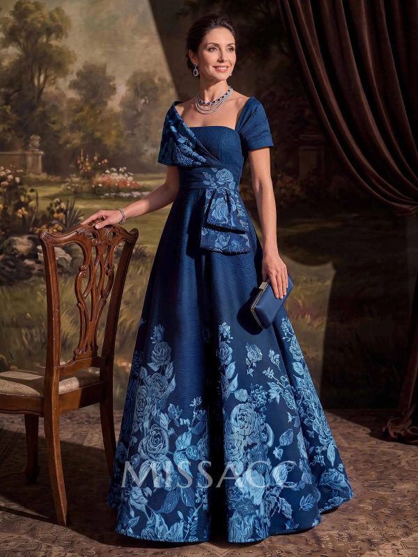 A-Line Square Neck Short Sleeve Sweep Train Satin Mother Of The Bride Dress With Floral Print