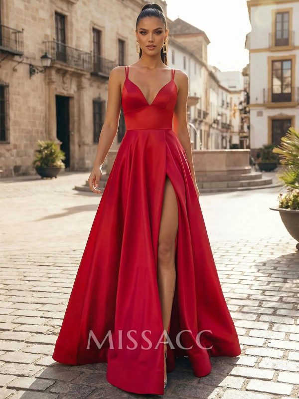 A-Line V-Neck Sleeveless Satin Evening Dresses with Sweep Train and High Slit