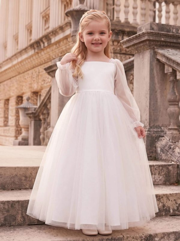 Ballgown Square Neck Long Sleeve Floor-Length Satin/Tulle Flower Girl Dresses With Pockets