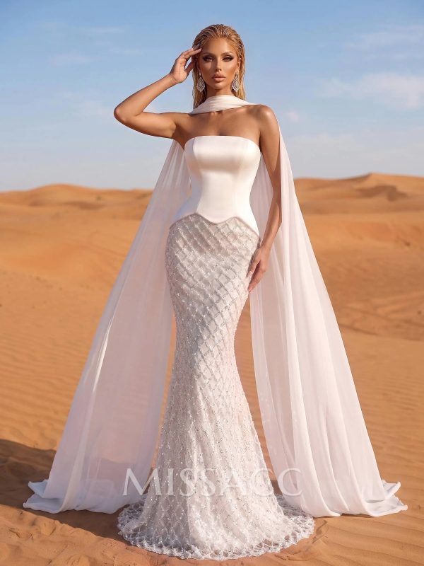 Strapless Sleeveless Trumpet/Mermaid Bridal Gowns with Sweep Train in Chiffon/Lace/Matte Satin