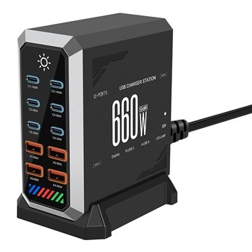HHW 660W GaN 10-Port USB-C Charger Station - 6xUSB-C, 4xUSB-A - Black