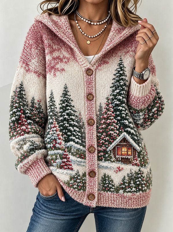 Women Landscape Print Long Sleeve Comfy Vintage Cardigan