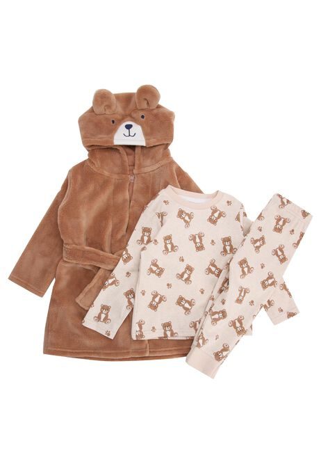 Baby Boys Brown Bear Print Pyjama & Dressing Gown Set