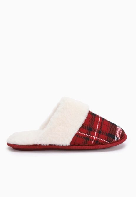 Womens Red Tartan Fluffy Mule Slippers