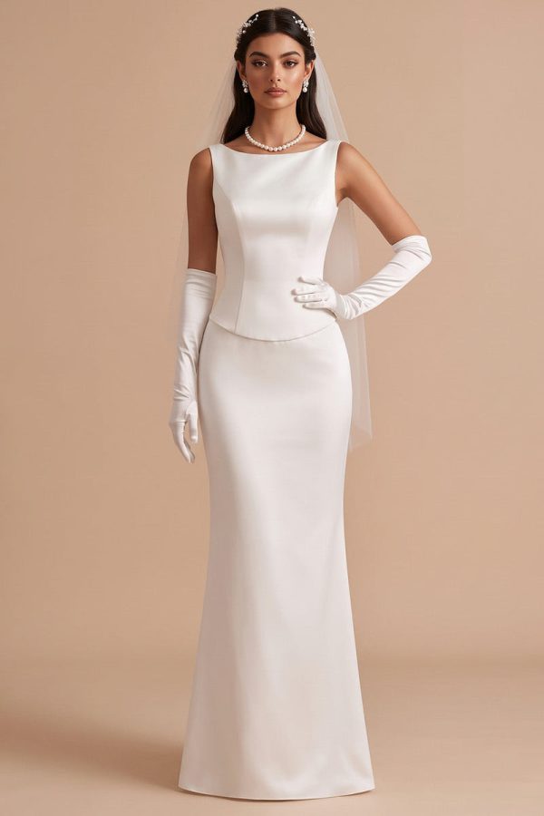 Simple Satin White Mermaid Boat Neck Long Wedding Dress