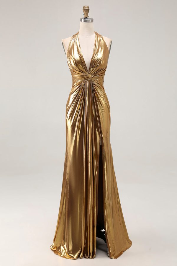 Sparkly Gold Halter Metallic Ruched Long Formal Dress with Slit