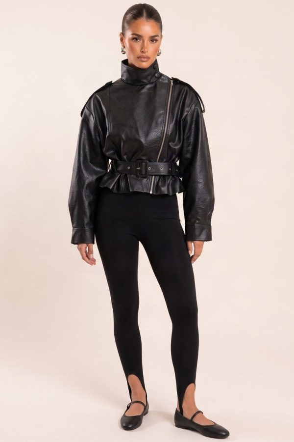 Black Faux Leather Funnel Neck Belted Jacket - Gerri
