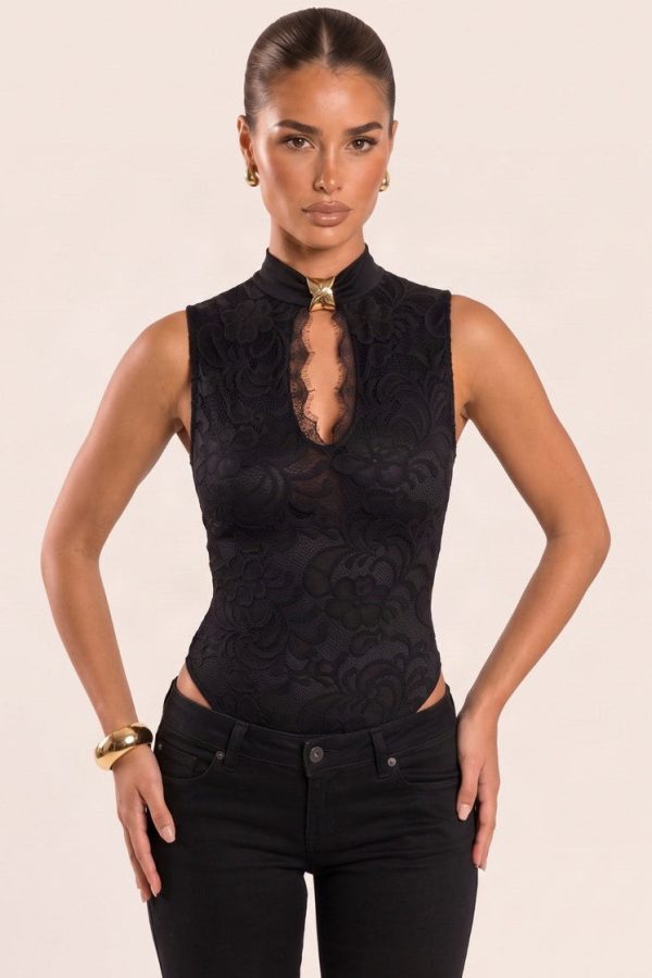 Black Lace Gold Trim Detail Bodysuit - Keeley