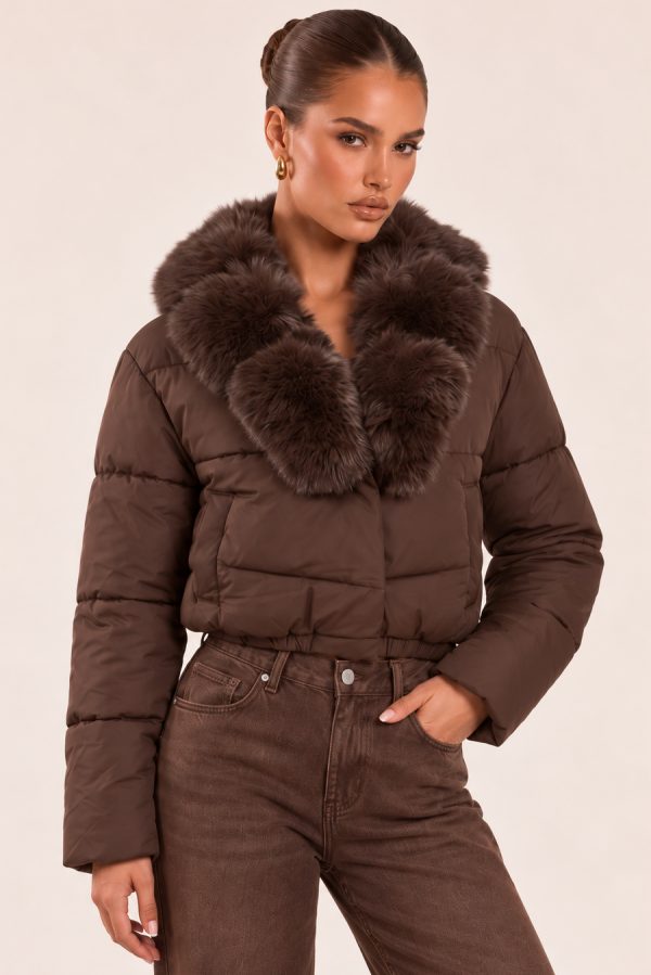 Chocolate Faux Fur Collar Puffer Cropped Jacket - Deliah