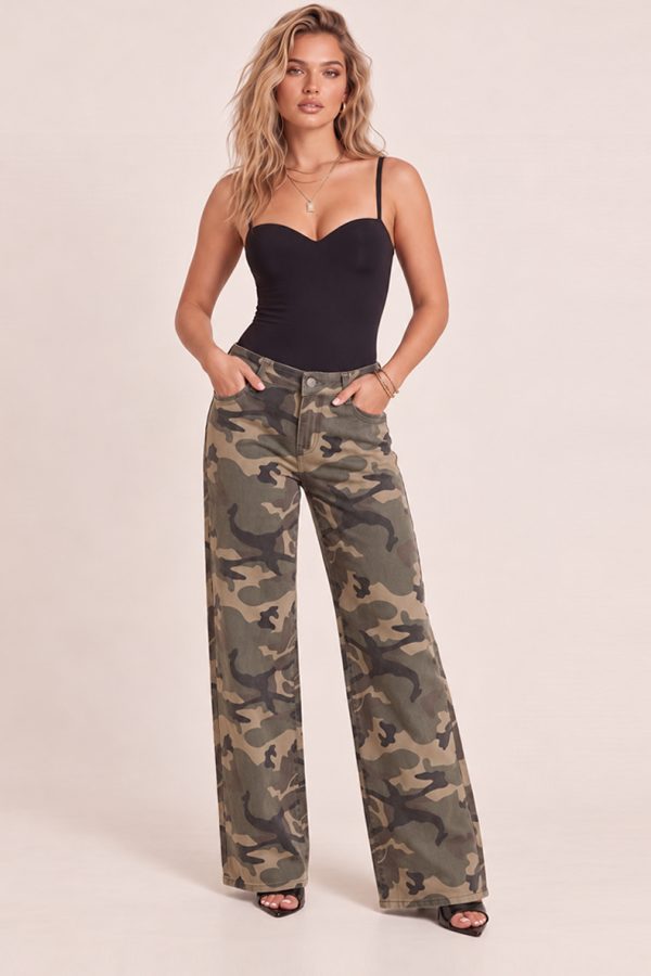 Khaki Camo Print Mid Waist Straight Leg Jeans - Shantae