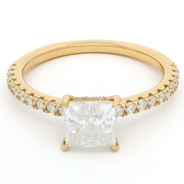 1ct Princess Cut Moissanite Engagement Ring | 18K Gold Side Stone Dazzle Ring