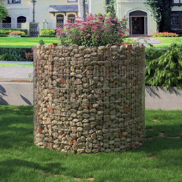 SONGMICS Silver Metal Round Tall Gabion Planter 90 x 80 cm (Dia. x H)
