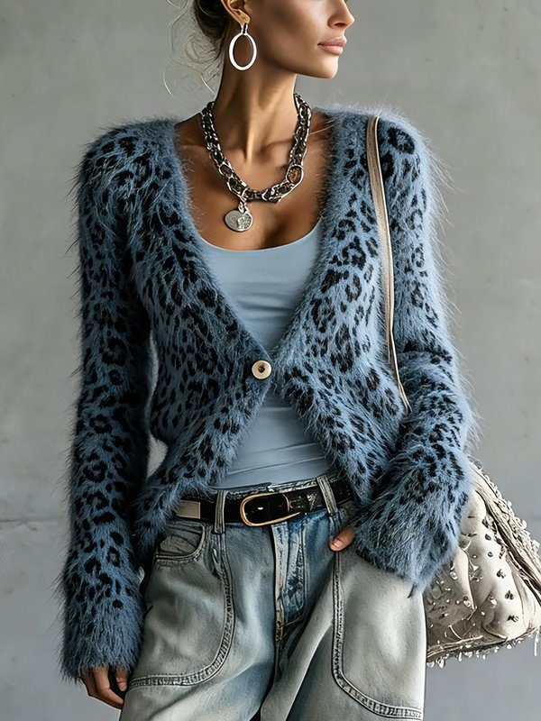 Casual Leopard Buttoned V Neck Sweater Cardigan
