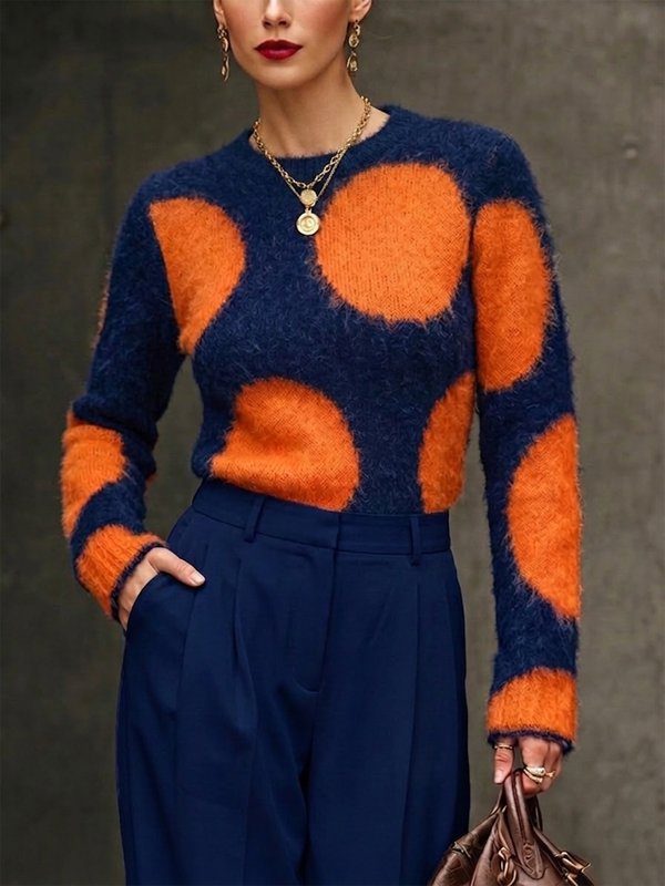 Casual Polka Dot Crew Neck Long Sleeve Fuzzy Sweater