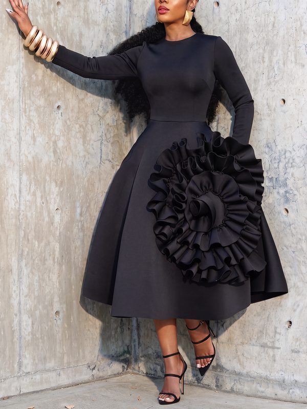 Elegant Plain 3D Floral Midi Dress
