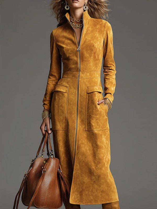 Urban Solid Suede Full Zip Stand Collar Long Sleeve Midi Dress