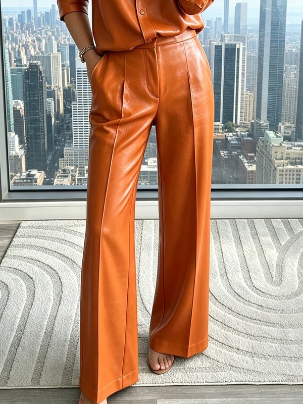 Urban Solid PU Leather High Waist Straight Leg Long Pants
