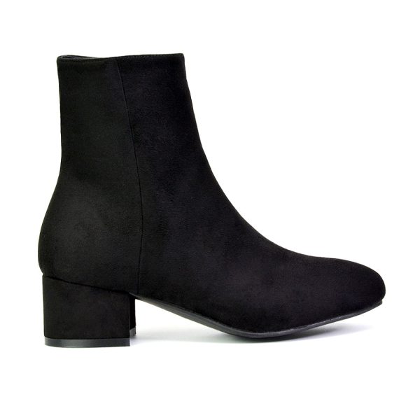 Alyssa Zip Up Chelsea Low Block Heel Ankle Boots in Black Faux Suede