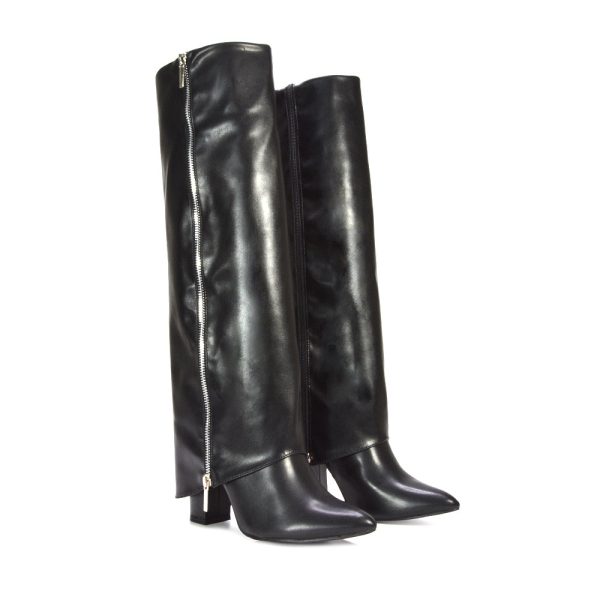 Anna Block High Heel Fold Over Knee High Boots in Black Synthetic Leather